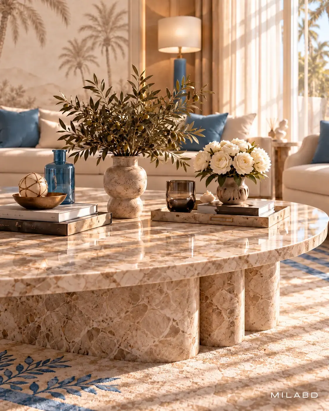 Formal living room with cream sofas, blue cushions and a palm mural — view 2