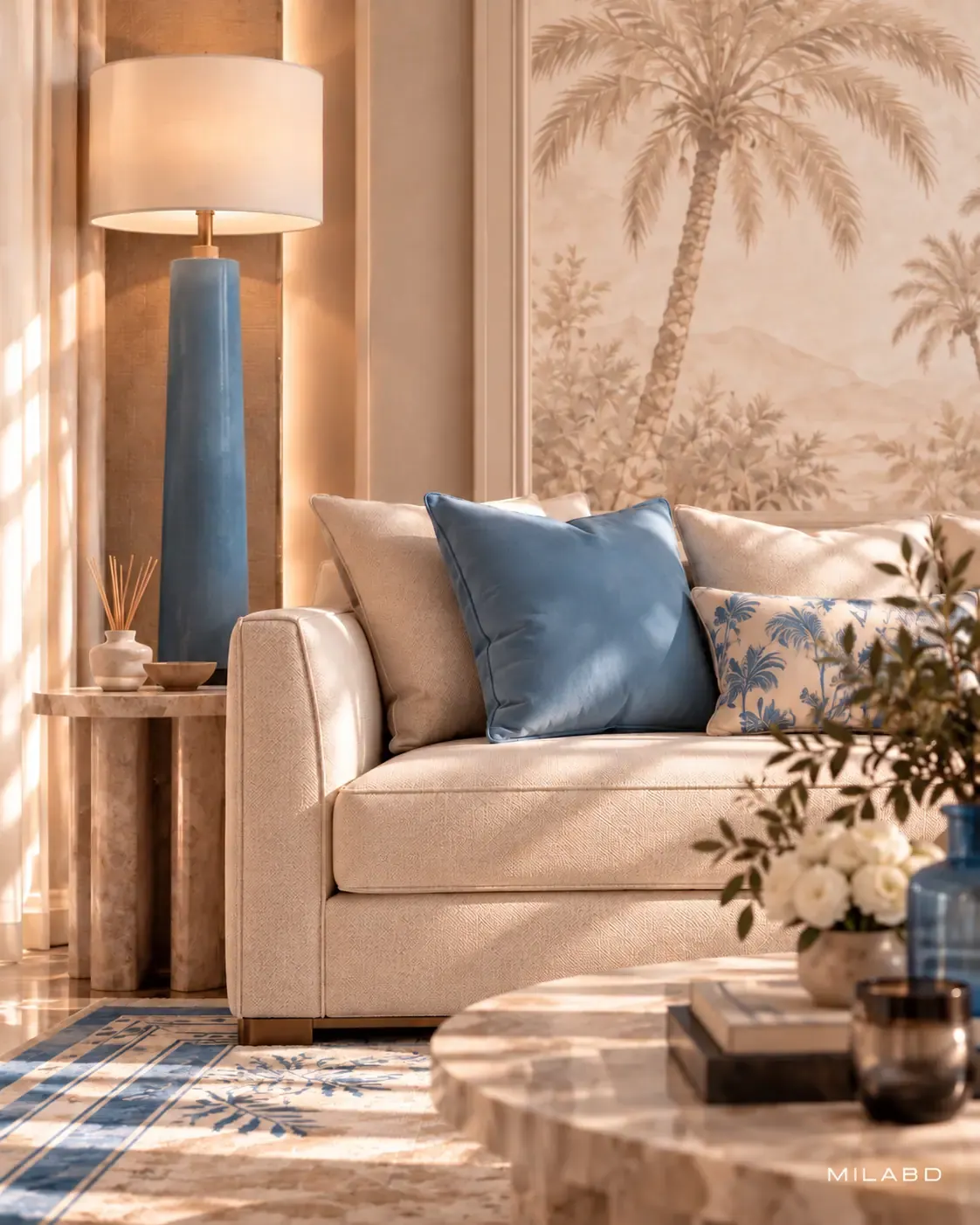 Formal living room with cream sofas, blue cushions and a palm mural — view 3