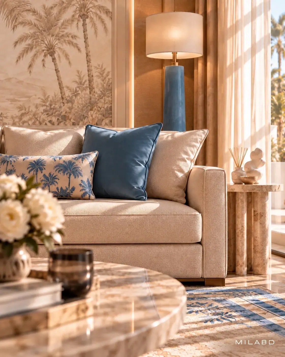 Formal living room with cream sofas, blue cushions and a palm mural — view 4