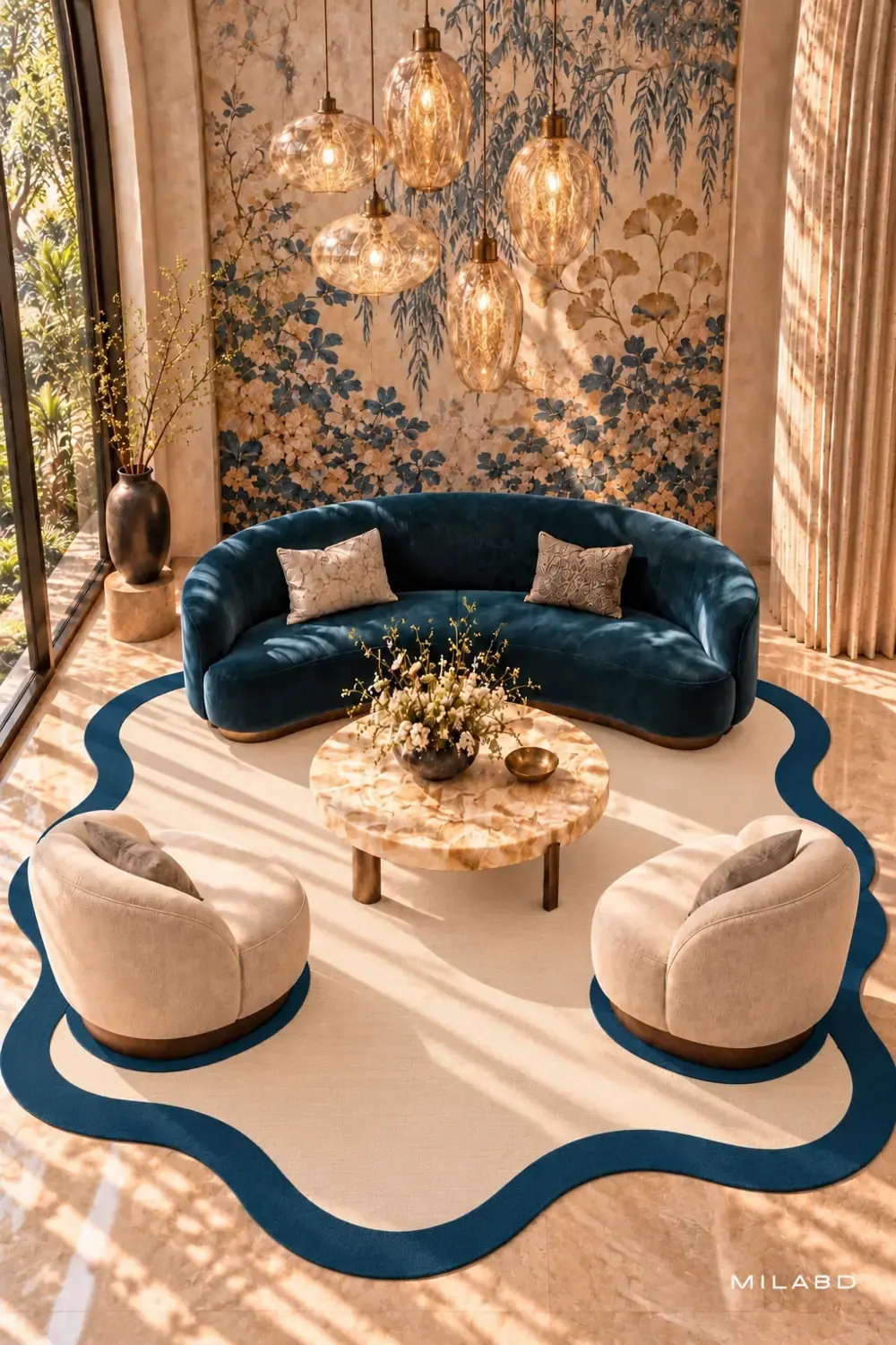 Reception lounge with a curved navy sofa beneath glass pendant lights — view 3