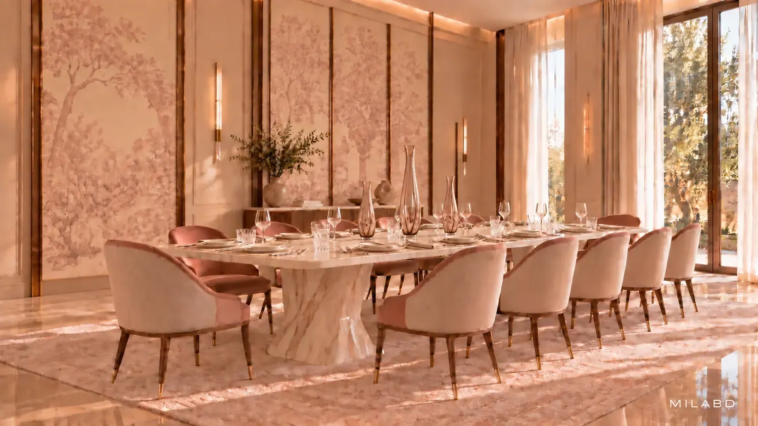 Dining room with an onyx table and blush upholstered chairs — view 3