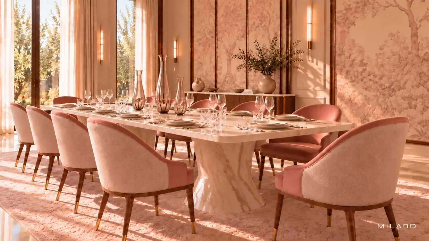 Dining room with an onyx table and blush upholstered chairs — view 5