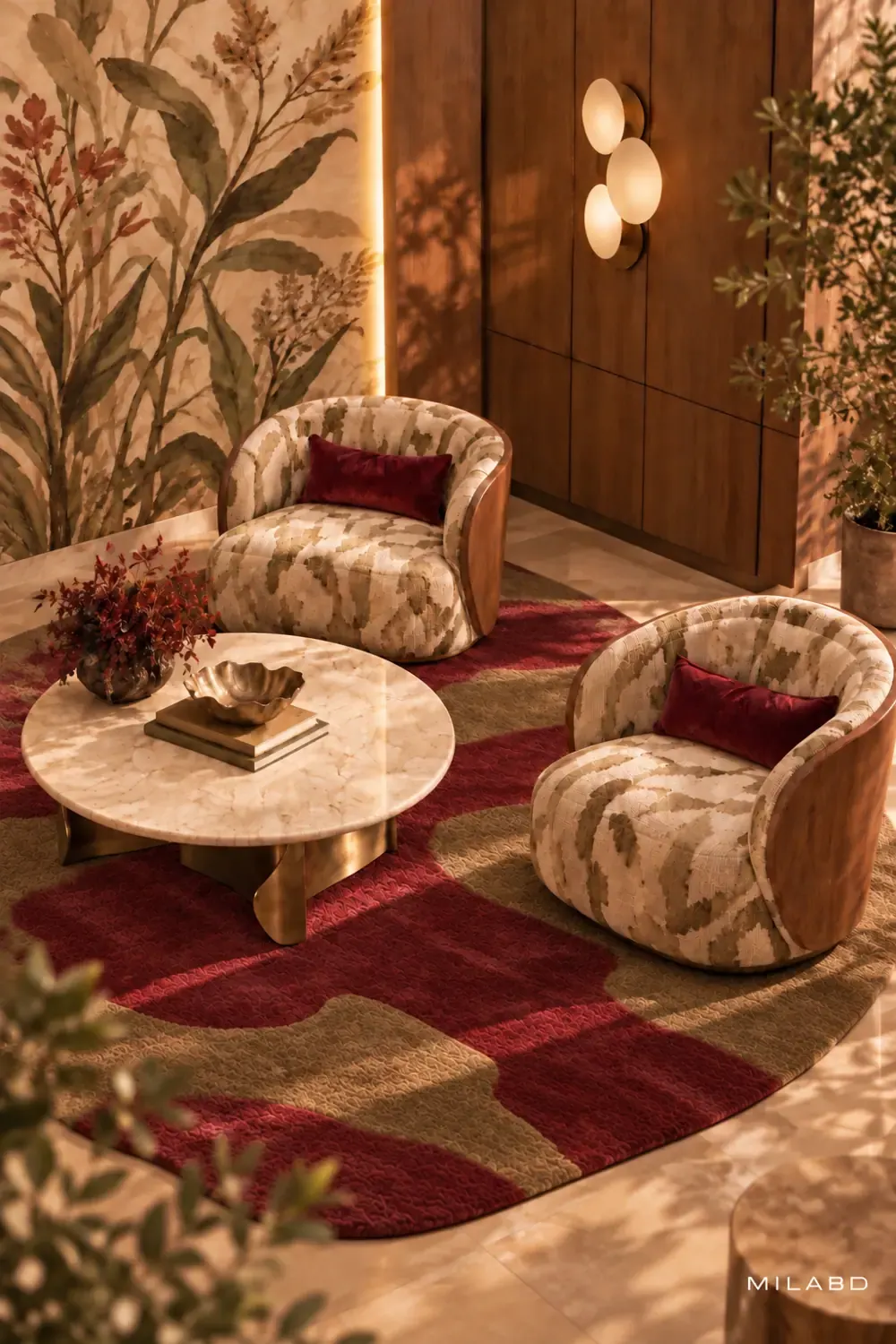 Seating corner with patterned armchairs and a botanical wall mural — view 2