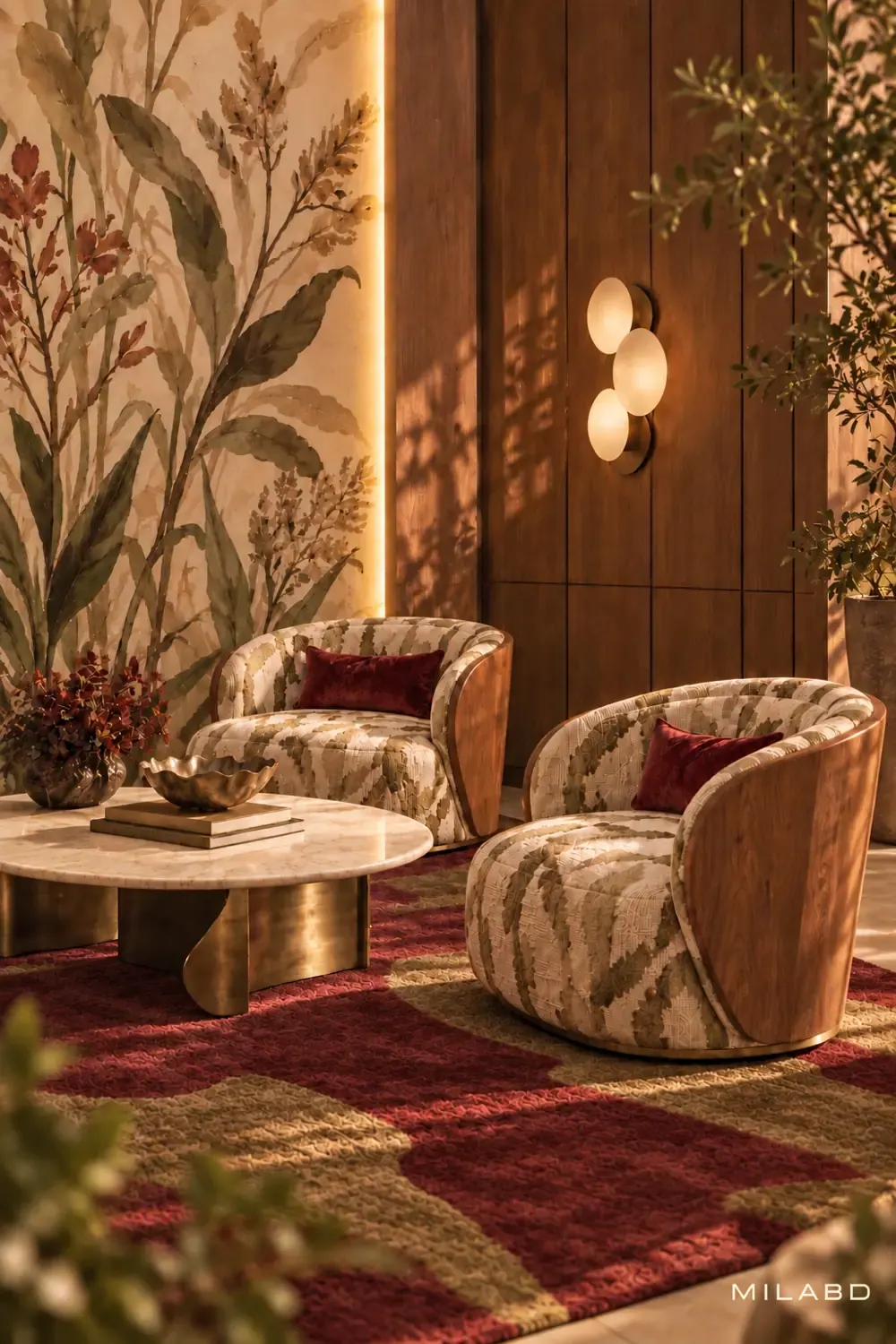Seating corner with patterned armchairs and a botanical wall mural — view 3